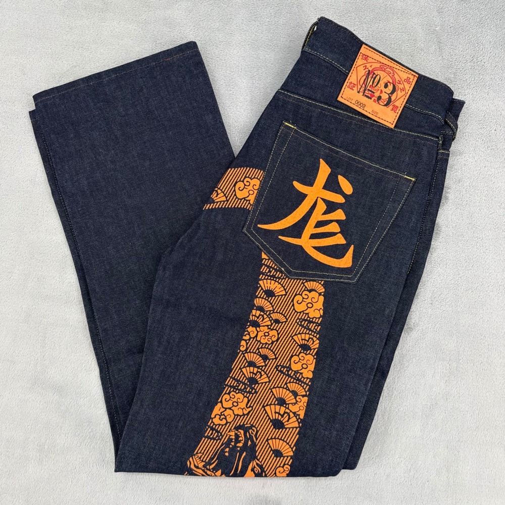 Evisu Genes Japanese Jeans Mens 32 Indigo Denim Orange Graphic Print Selvedge